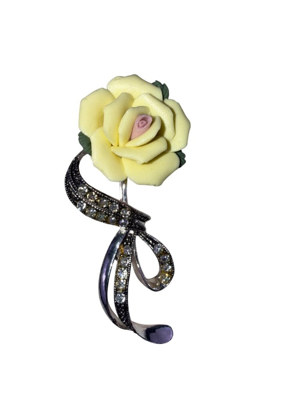 Avon Yellow Porcelain & Rhinestone Rose Brooch With Silver Tone Ribbon Accent